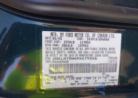 1993 Mercury Grand Marquis Ls из США, поврежденный, VIN 2MELM75W6PX679046